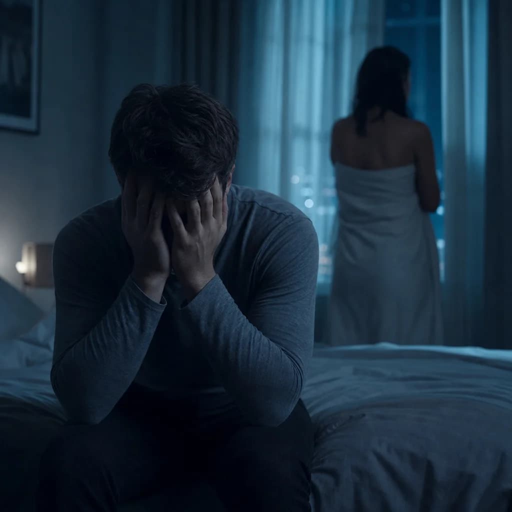 Hombre frustrado sentado al borde de la cama